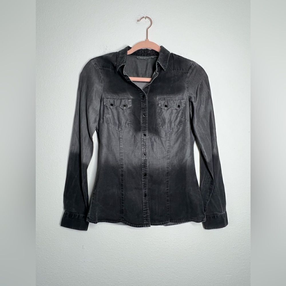 SALSA NWOT Thin Denim Shirt Black Gray Button Down Size XS Long Sleeve